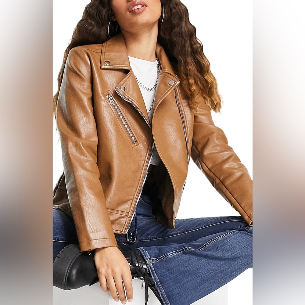 Topshop Women's Tan Faux Leather Biker Jacket Petite